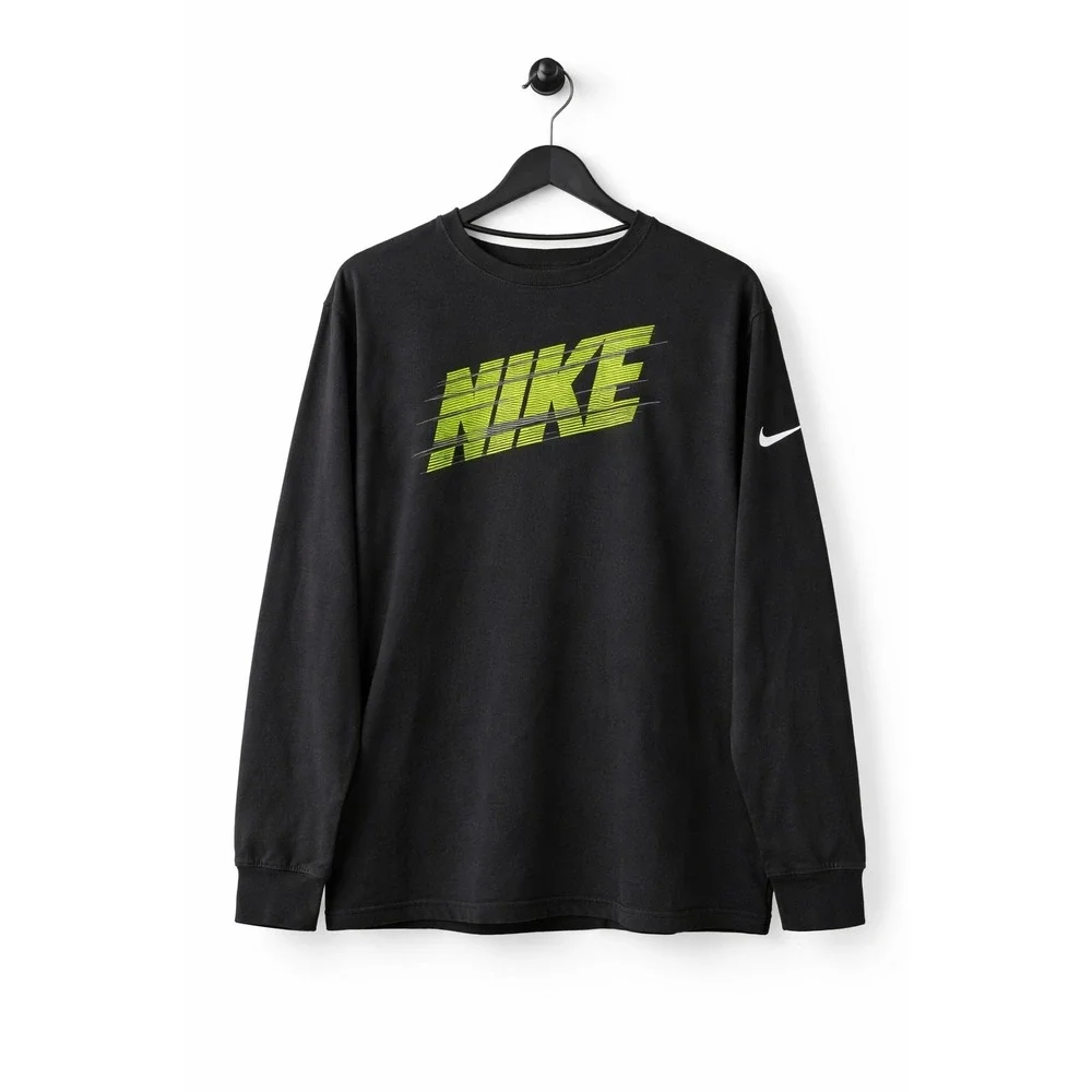 Nike Long Sleeve Shirt XXL Black Neon Green Logo Athletic Cotton Swoosh Tee